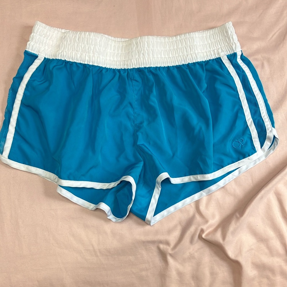 OP Blue and White Athletic Shorts with Curved Hem